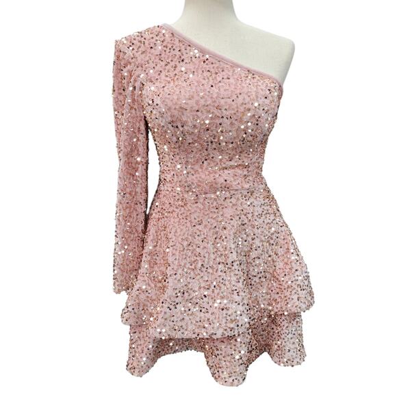 NWT Light Pink Asymmetric One Long Sleeve Short Sequin Dress - Picture 1 of 11